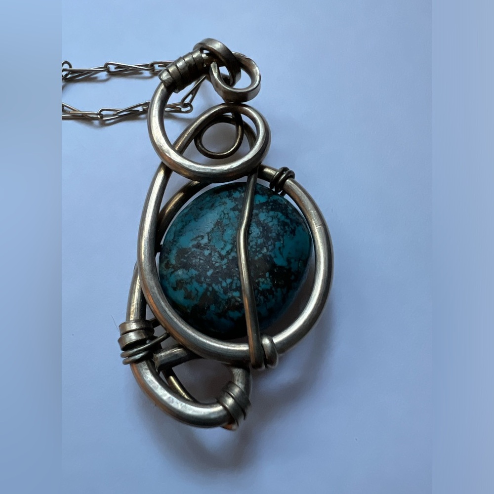 Artistic Wire Wrapped Stone Pendant Necklace - Silver & Turquoise Colored - Picture 10 of 12